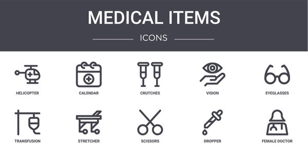 medical items concept line icons set. contains icons usable for web, logo, ui/ux such as calendar, vision, transfusion, scissors, dropper, female doctor, eyeglasses, crutches