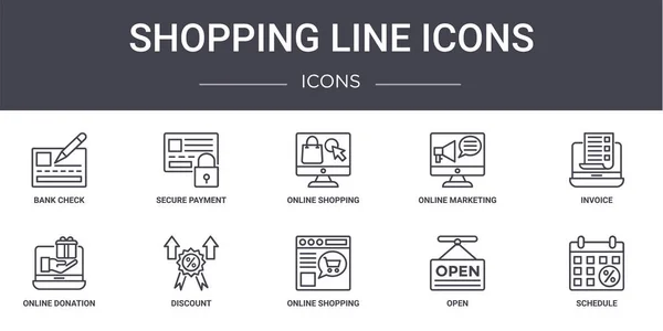 购物行图标概念行图标集 包含可用于Web Logo Ux的图标 如安全支付 在线营销 在线捐赠 在线购物 时间表 购物等 — 图库矢量图片