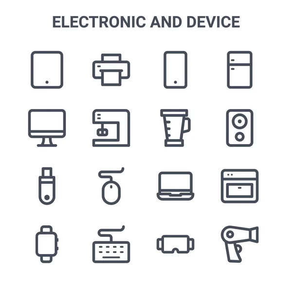 一组16个电子和器件概念矢量线图标 64X64细中风图标 如打印机 监视器 扬声器 笔记本电脑 吹风机 虚拟现实眼镜 搅拌机 — 图库矢量图片