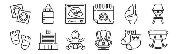 Σειρές Γραμμικών Εικόνων Μητρότητας Λεπτό Περίγραμμα Εικονίδια Όπως Κούνια Κάθισμα — Διανυσματικό Αρχείο