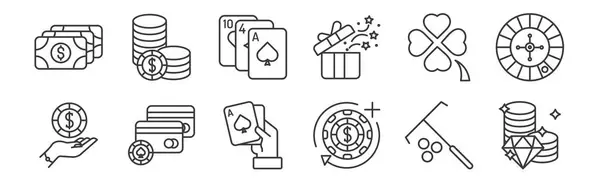 Σετ Γραμμικών Εικονιδίων Καζίνο Λεπτά Εικονίδια Περίγραμμα Όπως Κέρματα Μάρκες — Διανυσματικό Αρχείο