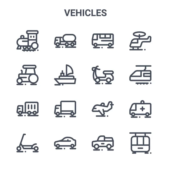 Conjunto Iconos Línea Vectorial Concepto Vehículos 64X64 Iconos Carrera Delgada — Vector de stock