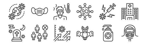 Set Linear Coronavirus Icons Thin Outline Icons Hazmat Bat Avoid — Stock Vector