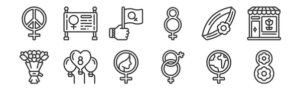 Lineare Frauentagsymbole Dünne Umrisse Symbole Wie Acht Luftballons Armband Flagge — Stockvektor