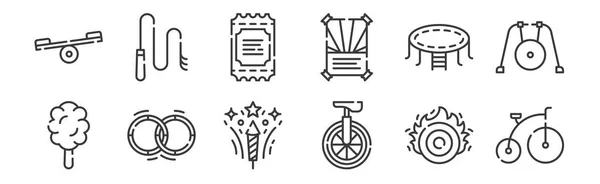 Σειρές Γραμμικών Εικόνων Τσίρκου Λεπτά Εικονίδια Περίγραμμα Όπως Bycicle Unicycle — Διανυσματικό Αρχείο