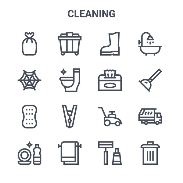 cleaning linear icon set. includes thin line bin, bubbles, scrub brush,  dishwashing detergent, hot water, hand wash, cleaning icons for report,  presentation, diagram, web design Stock Vector