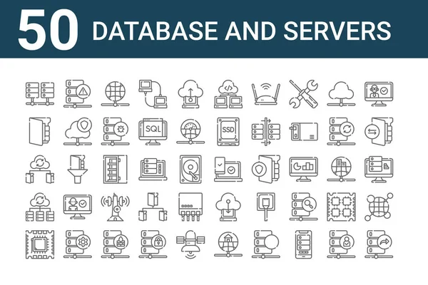 Conjunto Iconos Base Datos Servidores Esbozar Iconos Línea Delgada Como — Vector de stock