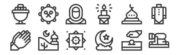 Lineare Ramadan Symbole Dünne Umrisse Symbole Wie Salah Halbmond Moschee — Stockvektor