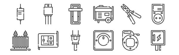 Uppsättning Linjära Elektriker Verktyg Och Element Ikoner Tunna Kontur Ikoner — Stock vektor