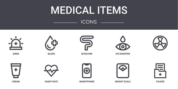 medical items concept line icons set. contains icons usable for web, logo, ui/ux such as blood, eye dropper, cream, smartphone, weight scale, folder, , intestine