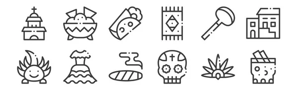 Set Linear Mexico Icons Thin Outline Icons Tepache Mexican Dress — Stock Vector