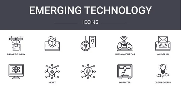 新技术概念线图标设置 包含可用于Web Logo Ux等的图标 自动车辆 D打印机 清洁能源 — 图库矢量图片