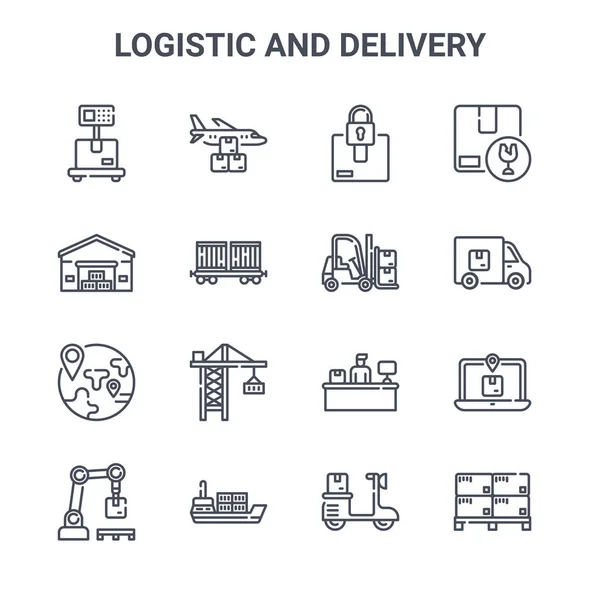 16 adet lojistik ve dağıtım konsept vektör çizgisi simgesi. 64x64 ince vuruş simgeleri uçak, depo, kamyon, masa, gemi, paket, scooter, forklift, kırılgan