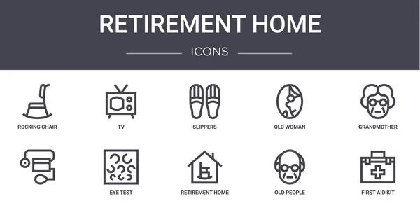 Retirement home concept line icons set. contains icons usable for web, logo, ui/ux such as tv, old woman, , retirement home, old people, first aid kit, grandmother, slippers — Stock Illustration Retirement Home Concept Line Icons Set Contains Icons Usable Web Stock Vector