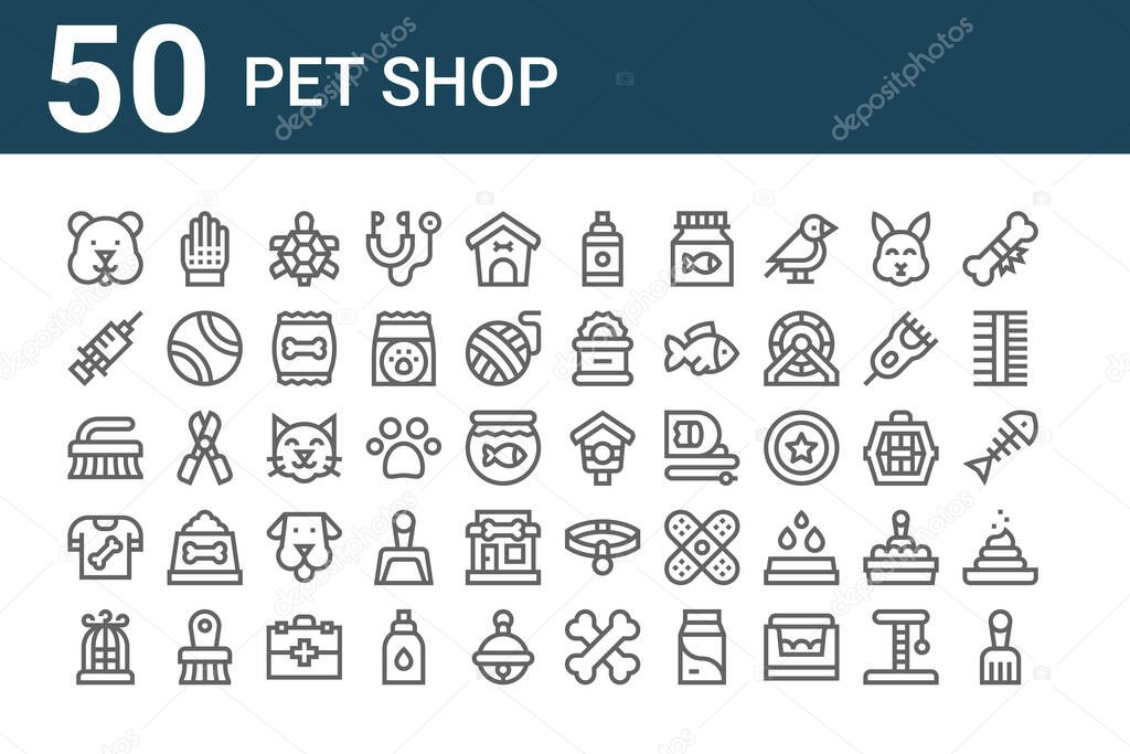 set of 50 pet shop icons. outline thin line icons such as shovel, bird cage, pet, brush, injection, grooming glove, birdhouse