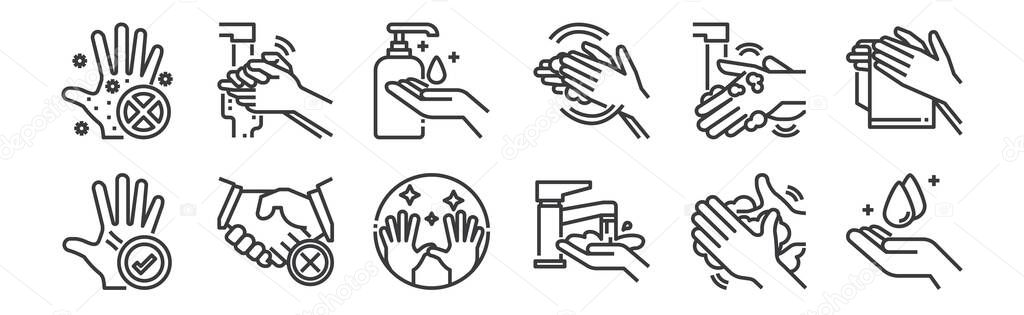 12 Set Of Linear Wash Hands Icons Thin Outline Icons Such As Hand Washing Washing Hand Shaking Hands Hand Washing Hands For Web Mobile Premium Vector In Adobe Illustrator Ai