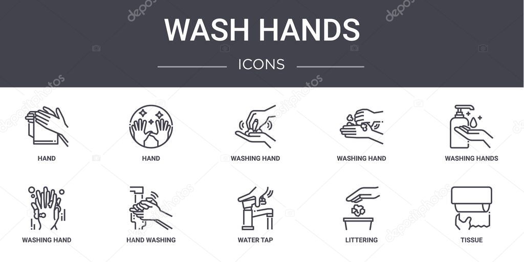 wash hands concept line icons set. contains icons usable for web, logo, ui/ux such as hand, washing hand, washing hand, water tap, littering, tissue, washing hands,