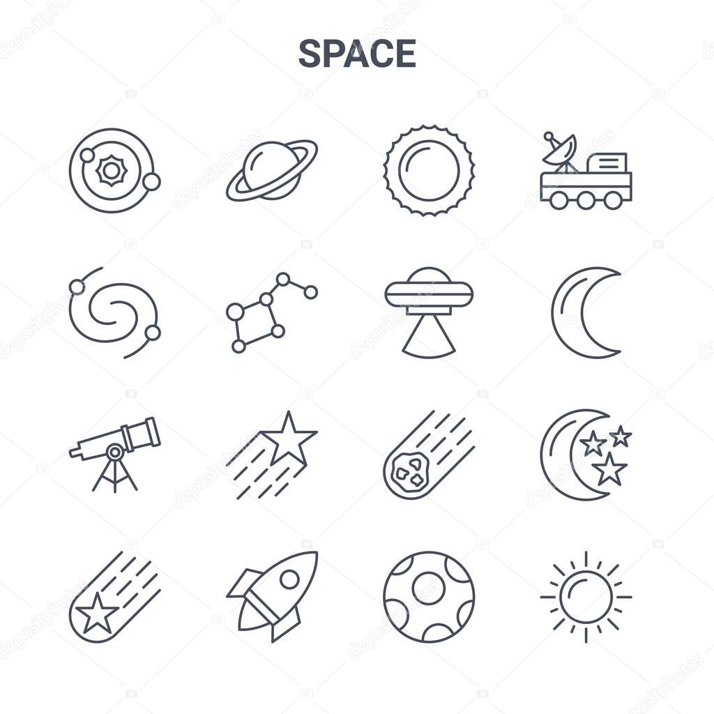 set of 16 space concept vector line icons. 64x64 thin stroke icons such as saturn, spiral galaxy, crescent moon, asteroid, rocket, sun, moon, ufo, explorer