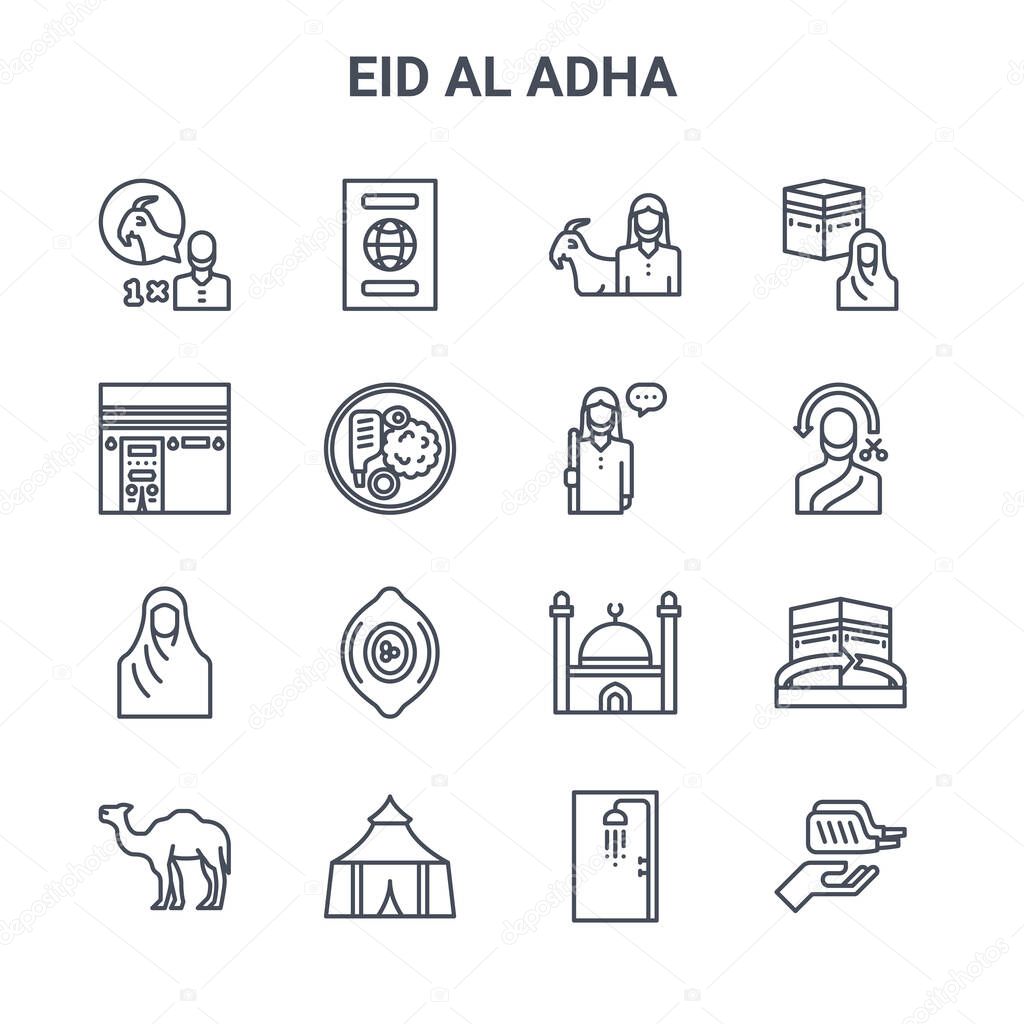 set of 16 eid al adha concept vector line icons. 64x64 thin stroke icons such as passport, kaaba, man, mosque, tent, almsgiving, shower, arab man, hajj