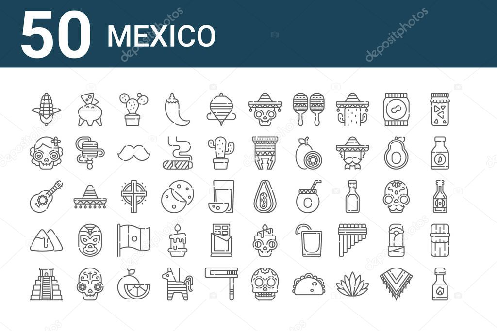 set of 50 mexico icons. outline thin line icons such as chili sauce, chichen itza, nachos, guitar, dia de muertos, guacamole, papaya