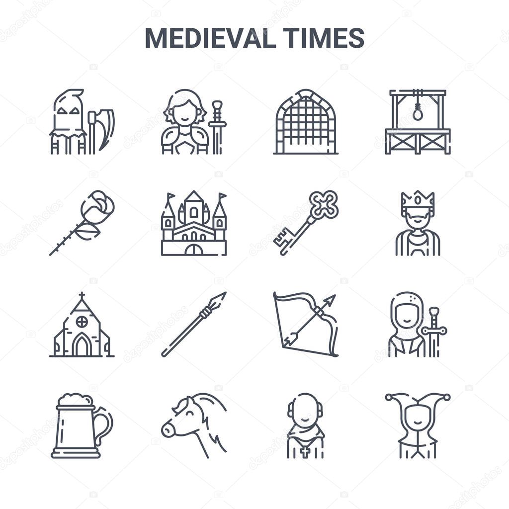 set of 16 medieval times concept vector line icons. 64x64 thin stroke icons such as knight, rose, king, arrows, horse, jester, friar, key, gallows