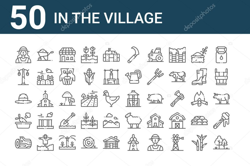 set of 50 in the village icons. outline thin line icons such as trees, wood, vegetables, hat, street lamp, wheelbarrow, silo