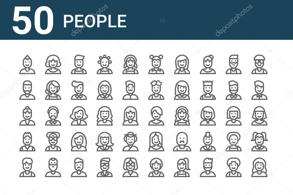 set of 50 people icons. outline thin line icons such as woman, boy, boy, woman, beard, woman,