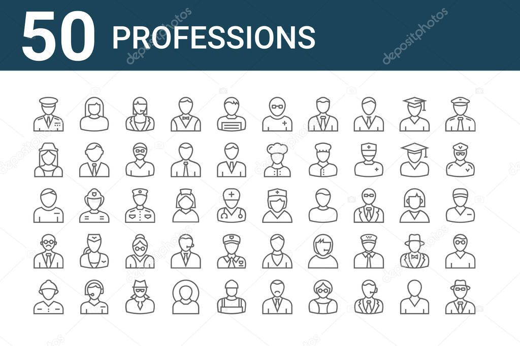 set of 50 professions icons. outline thin line icons such as spy man, firefighter, teacher, student, stewardess, nun, nurse, nurse, bellboy, priest