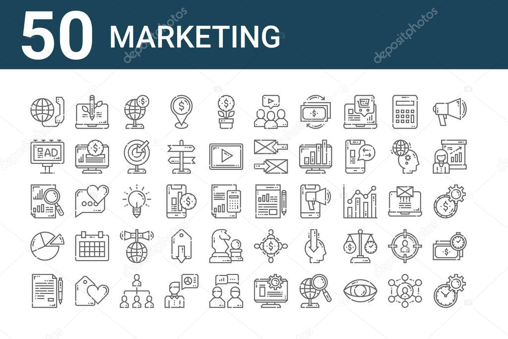 set of 50 marketing icons. outline thin line icons such as time management, article, pie chart, analytics, advertising, organic, report