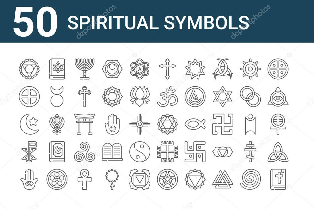set of 50 spiritual symbols icons. outline thin line icons such as christian, hamsa, chi rho, muslim, spirituality, jewish, anahata, cross, torii gate, paganism