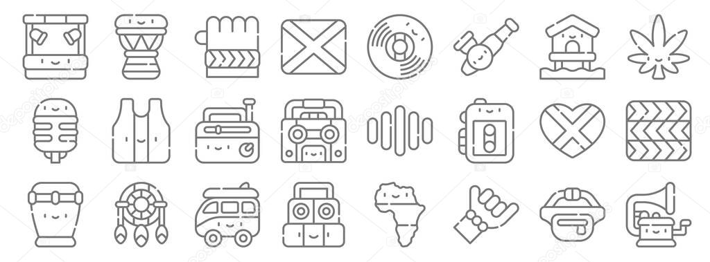 reggae line icons. linear set. quality vector line set such as gramophone, hang loose hand, sound system, bongo, jamaica, old radio, weed, vinyl record, djembe