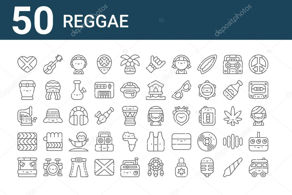 set of 50 reggae icons. outline thin line icons such as van, stage, reggae, gramophone, bongo, acoustic guitar, reggae