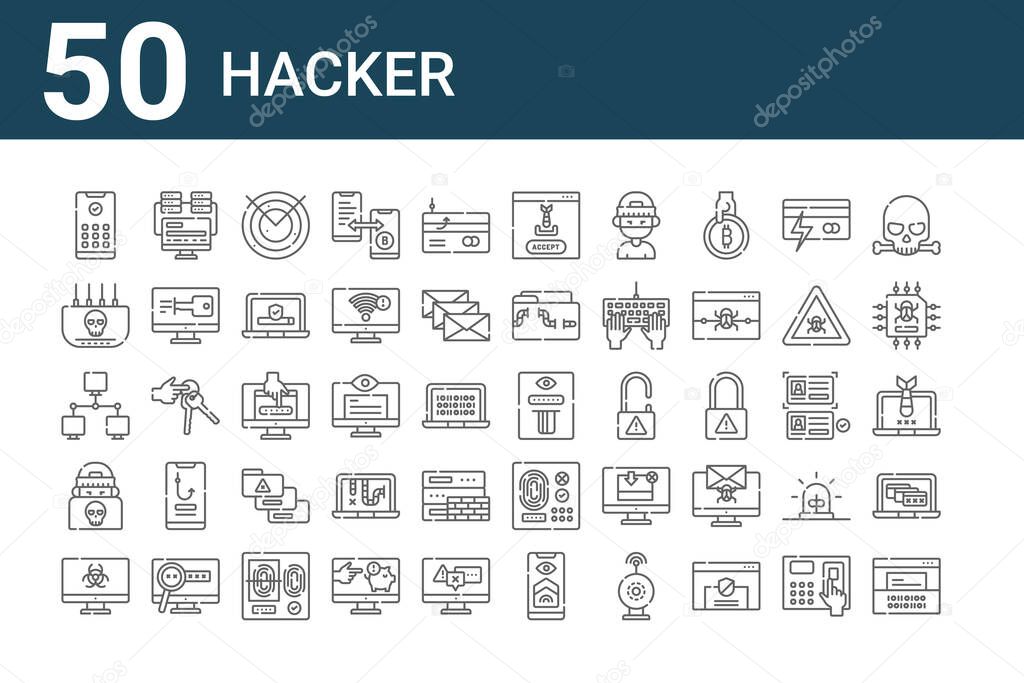 set of 50 hacker icons. outline thin line icons such as hacker, virus, hacker, modem, programming, data theft