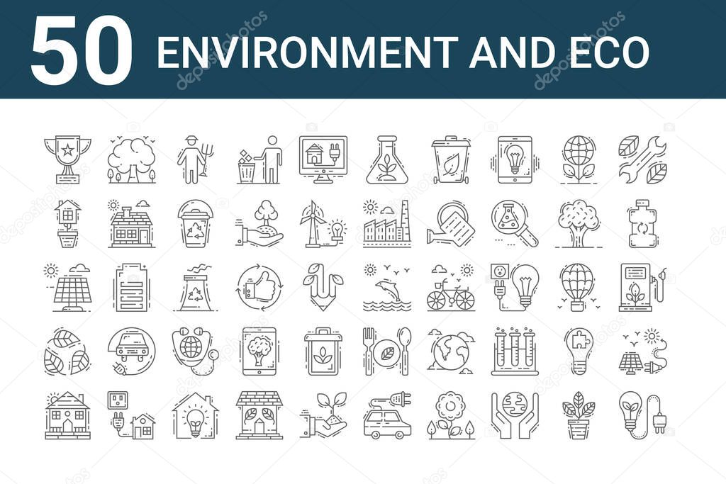 set of 50 environment and eco icons. outline thin line icons such as bio energy, farm house, leaf, solar panel, eco house, tree, dolphin