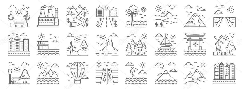 nature and landscape line icons. linear set. quality vector line set such as cityscape, mountain, fields, park, itsukushima shrine, windmill, climate change, tropical, factory