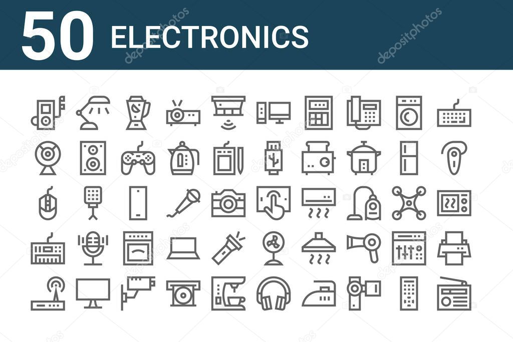 set of 50 electronics icons. outline thin line icons such as radio, modem, piano keyboard, mouse, webcam, desk lamp, tablet