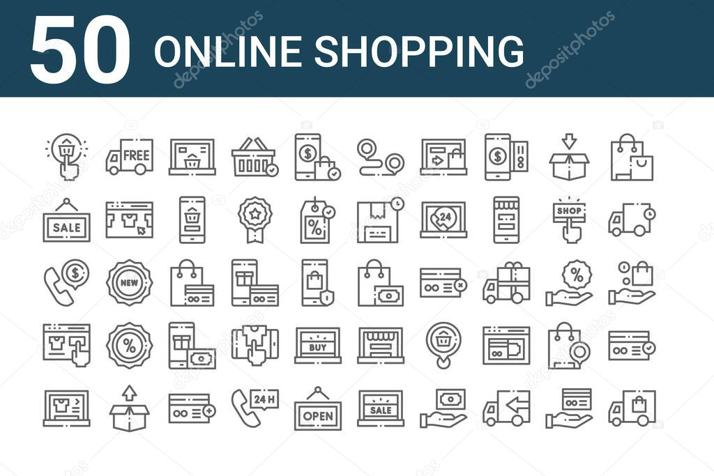 set of 50 online shopping icons. outline thin line icons such as delivery car, laptop, t shirt, phone call, sale, free delivery, shopping bag