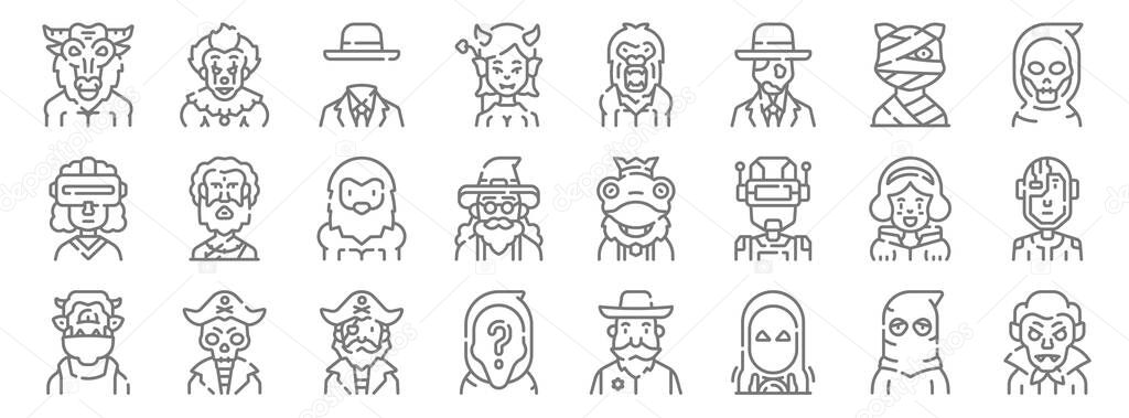 fantastic characters line icons. linear set. quality vector line set such as vampire, wizard, anonymous, ogre, princess, bigfoot, reaper, bigfoot, clown