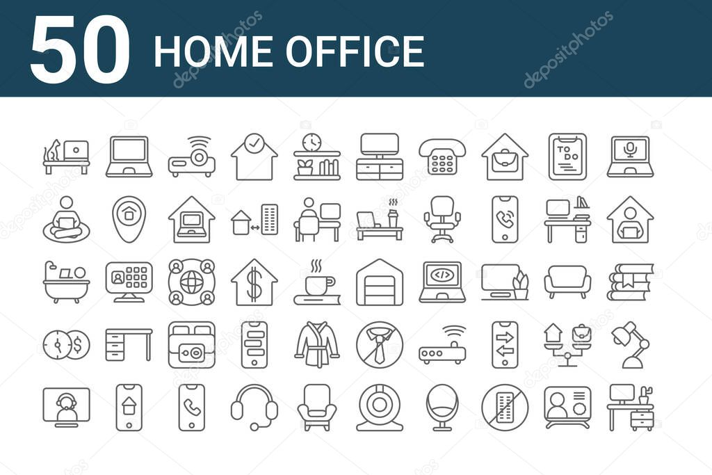 set of 50 home office icons. outline thin line icons such as desk, video call, money, bath, working, laptop, garage, television, networking, tie