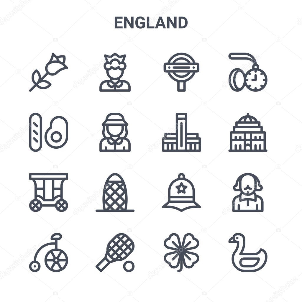 set of 16 england concept vector line icons. 64x64 thin stroke icons such as queen, english breakfast, royal albert hall, police hat, tennis racket, swan, clover, tate modern, pocket watch