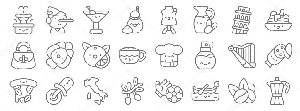 italy line icons. linear set. quality vector line set such as coffee, gondola, olive, pizza, harp, orange, spaghetti, mannequin, pinocchio
