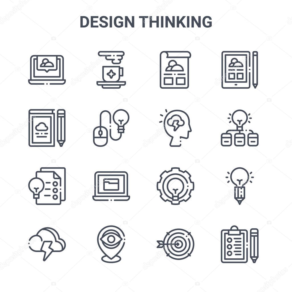 set of 16 design thinking concept vector line icons. 64x64 thin stroke icons such as food, book, light bulb, light bulb, location, clipboard, target, head, tablet