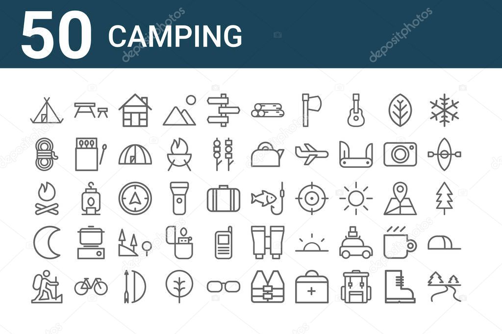 set of 50 camping icons. outline thin line icons such as river, hiking, crescent, bonfire, rope, table, fishing, wood, compass, binoculars