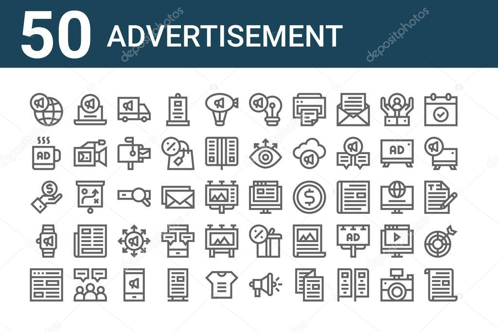 set of 50 advertisement icons. outline thin line icons such as letter, website, smartwatch, value, merchandising, digital marketing, blog