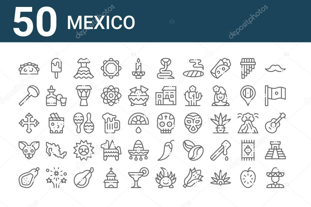 set of 50 mexico icons. outline thin line icons such as mariachi, papaya, chihuahua, cross, coa de jima, ice pop, mexican