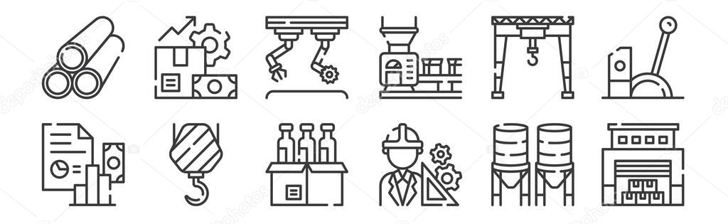 12 set of linear industrial process icons. thin outline icons such as warehouse, engineer, hook, crane, assembly, production for web, mobile