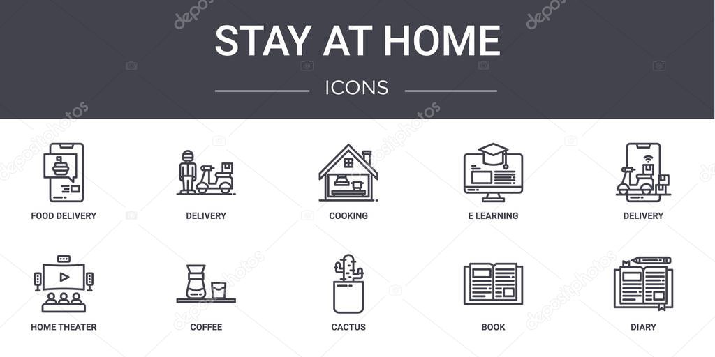 stay at home concept line icons set. contains icons usable for web, logo, ui/ux such as delivery, e learning, home theater, cactus, book, diary, delivery, cooking