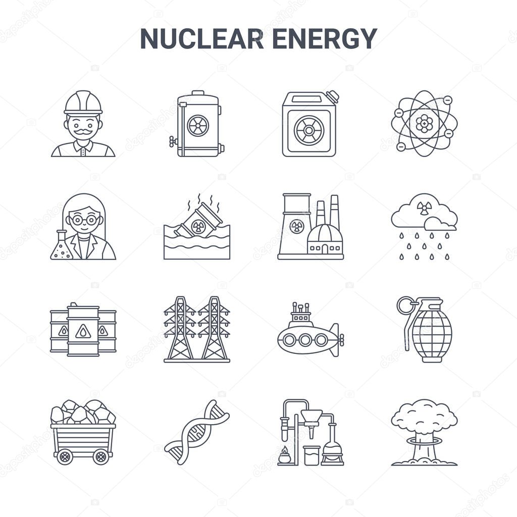 set of 16 nuclear energy concept vector line icons. 64x64 thin stroke icons such as nuclear energy, scientist, acid rain, submarine, dna, nuclear bomb, laboratory, plant, atom