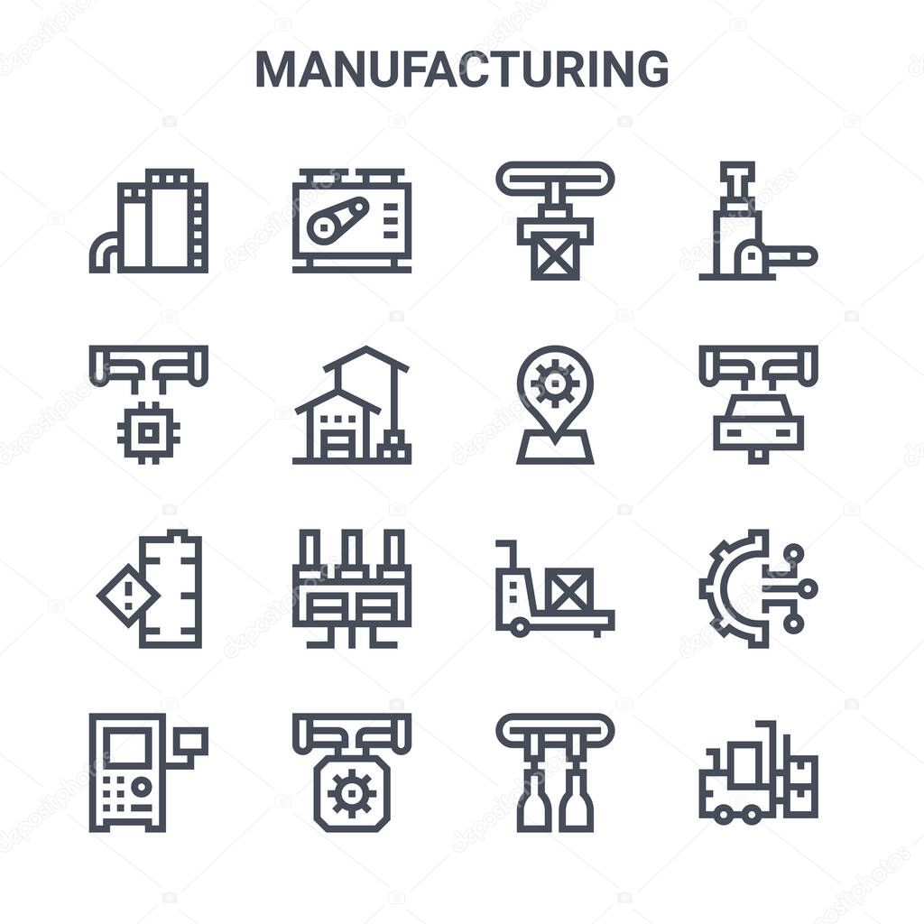 set of 16 manufacturing concept vector line icons. 64x64 thin stroke icons such as machine, manufacture, car manufacturing, trolley, manufacturing, forklift, conveyor belt, placeholder, hydraulic