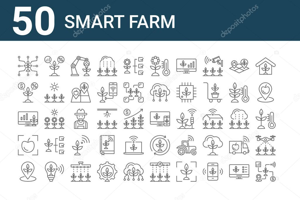 set of 50 smart farm icons. outline thin line icons such as smart farm, place, scanner, monitor, plant, plant, monitor